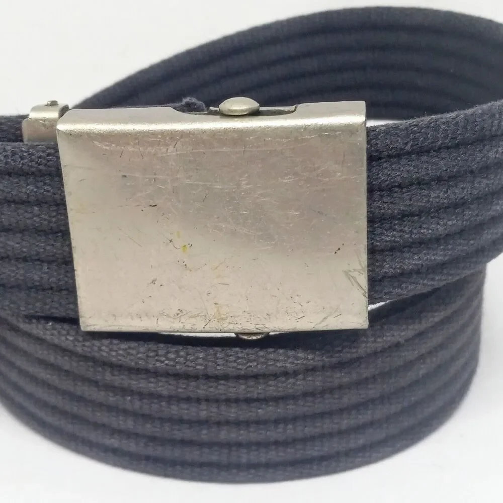 Vintage Navy Ribbed Fabric Canvas Belts-Silver Toned Slider Buckle-Adjustable